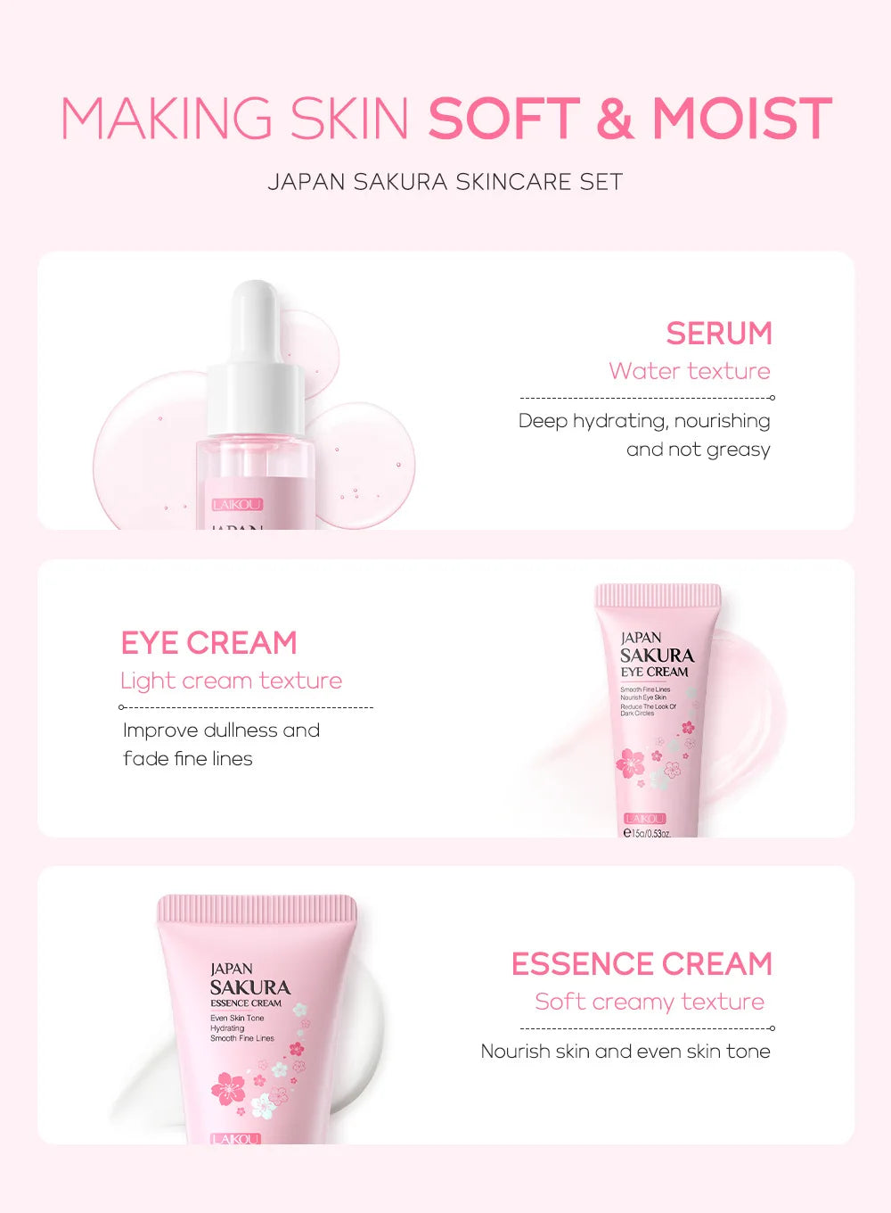 LAIKOU Skincare Set – Face Cream, Serum & Eye Cream for Deep Hydration & Anti-Aging