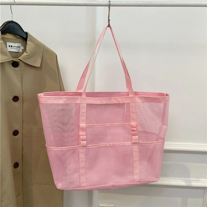 Portable Mesh Beach Shoulder Bag– Women's Summer Travel & Makeup Organizer Bag