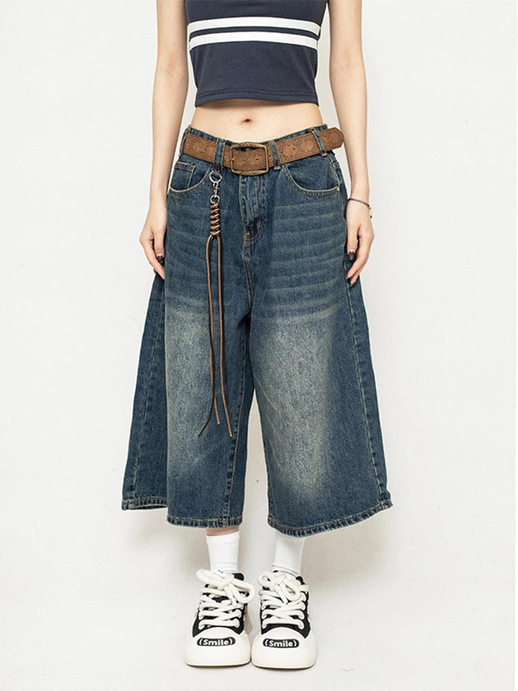 High Waist Black Retro Washed Denim Mid Long Wide Leg Pants