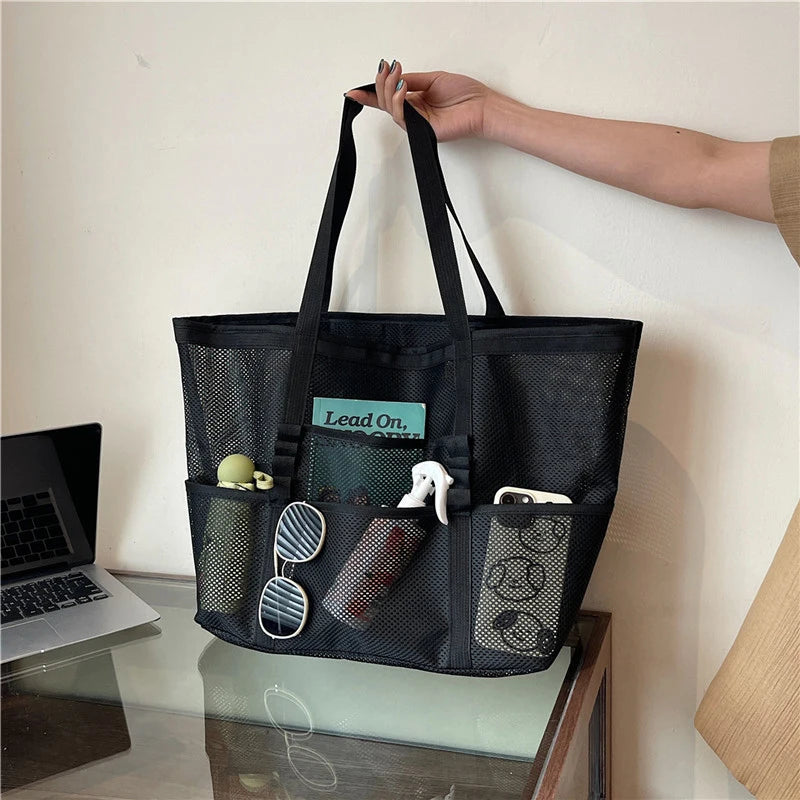 Portable Mesh Beach Shoulder Bag– Women's Summer Travel & Makeup Organizer Bag