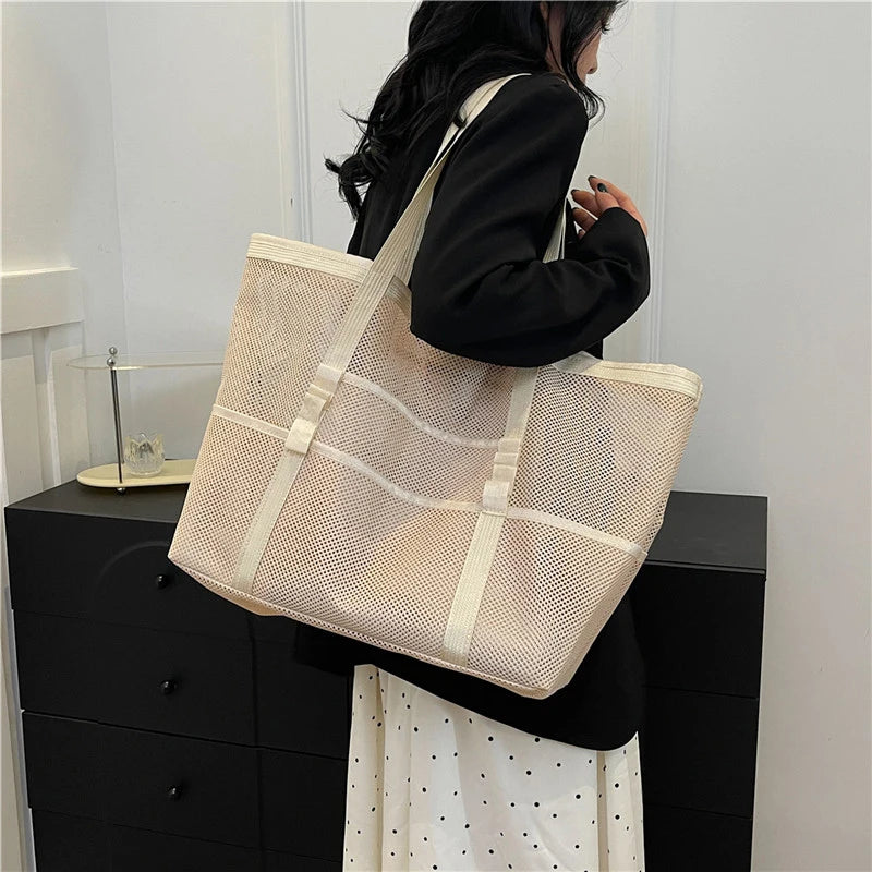 Portable Mesh Beach Shoulder Bag– Women's Summer Travel & Makeup Organizer Bag