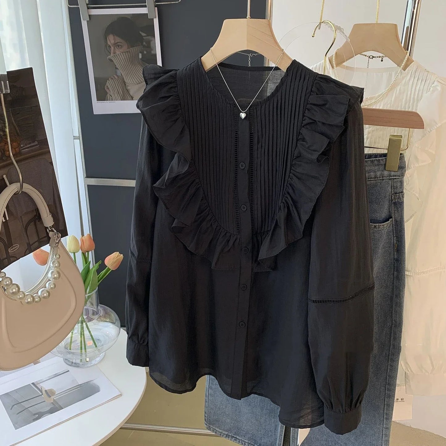Blouse for Women Pleated Ruffled White Shirts 2025 Blusas Mujer De Moda O-neck Long Sleeve Sweet Tops Summer Thin Blouses