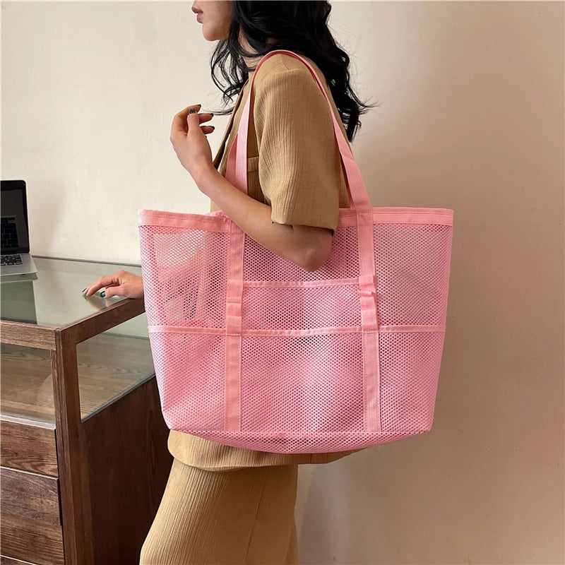 Portable Mesh Beach Shoulder Bag– Women's Summer Travel & Makeup Organizer Bag