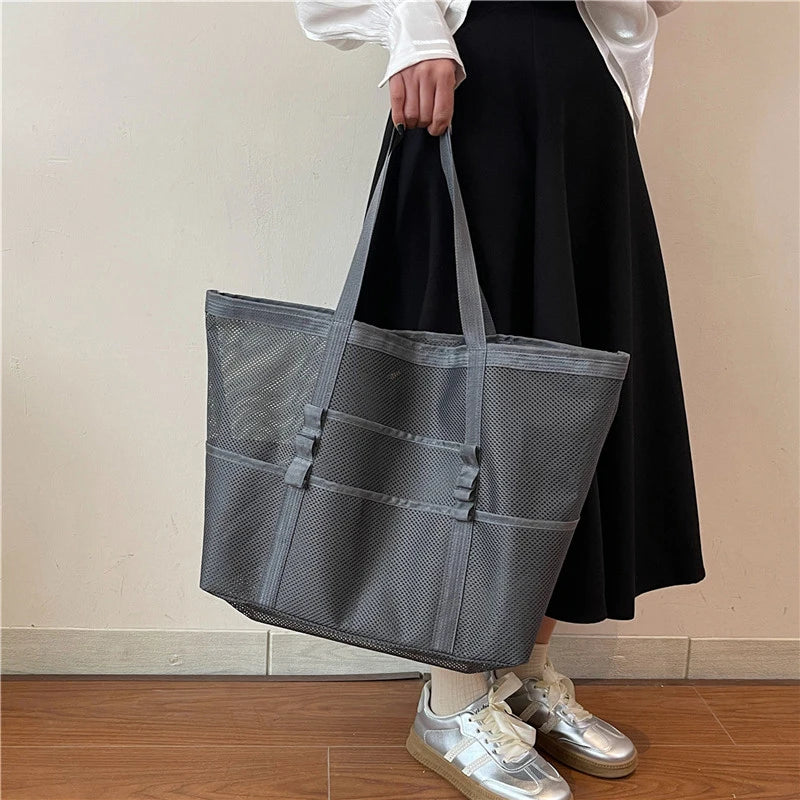 Portable Mesh Beach Shoulder Bag– Women's Summer Travel & Makeup Organizer Bag