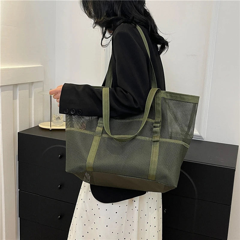 Portable Mesh Beach Shoulder Bag– Women's Summer Travel & Makeup Organizer Bag