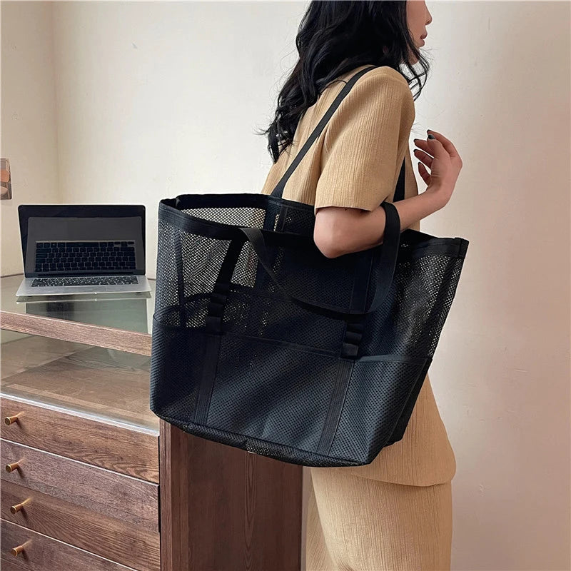 Portable Mesh Beach Shoulder Bag– Women's Summer Travel & Makeup Organizer Bag