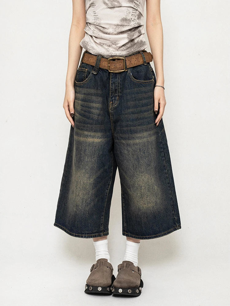 High Waist Black Retro Washed Denim Mid Long Wide Leg Pants