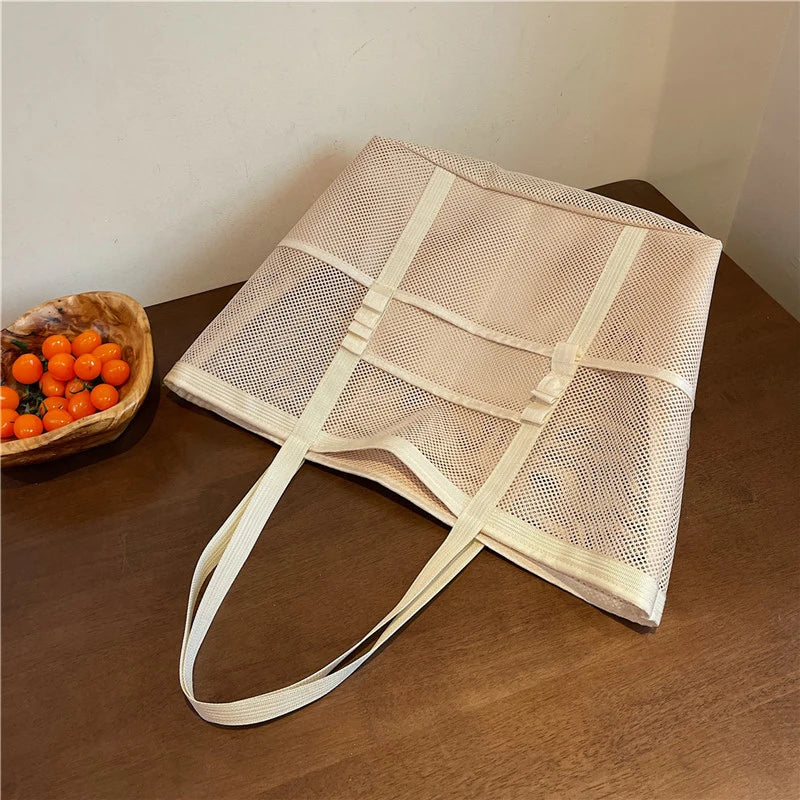 Portable Mesh Beach Shoulder Bag– Women's Summer Travel & Makeup Organizer Bag