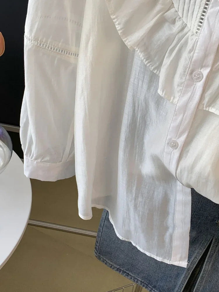Blouse for Women Pleated Ruffled White Shirts 2025 Blusas Mujer De Moda O-neck Long Sleeve Sweet Tops Summer Thin Blouses