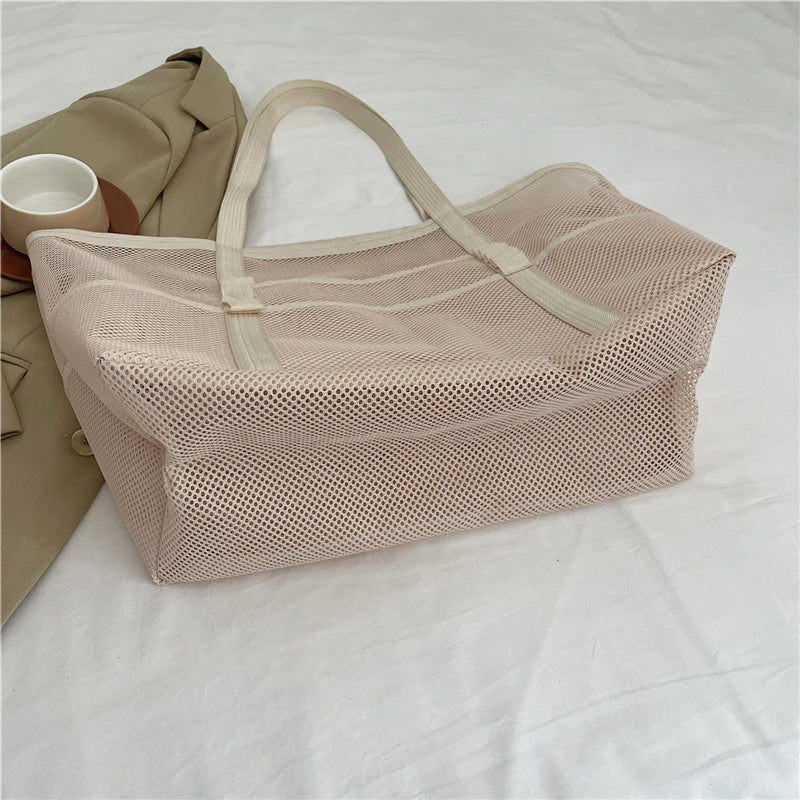 Portable Mesh Beach Shoulder Bag– Women's Summer Travel & Makeup Organizer Bag