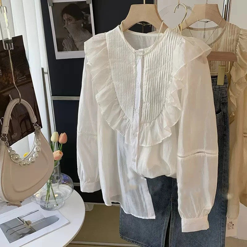 Blouse for Women Pleated Ruffled White Shirts 2025 Blusas Mujer De Moda O-neck Long Sleeve Sweet Tops Summer Thin Blouses