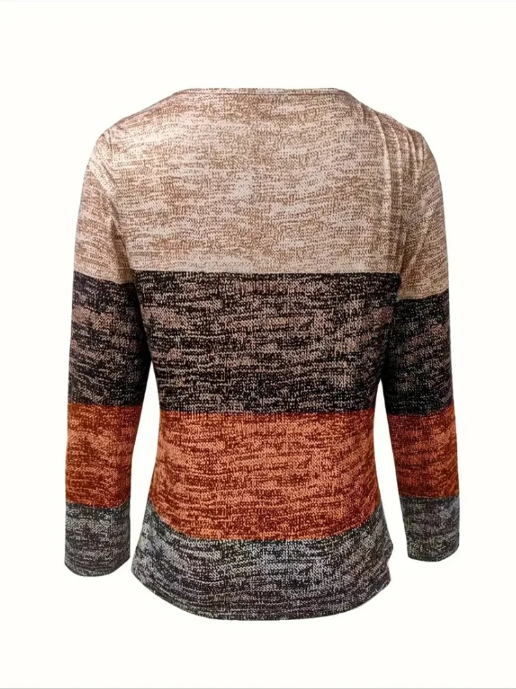 Casual V-neck Long Sleeved Zipper Color Blocked Women's T-shirt High Street Fashion Daily Versatile Autumn Top