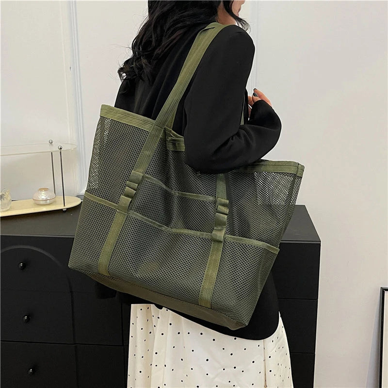 Portable Mesh Beach Shoulder Bag– Women's Summer Travel & Makeup Organizer Bag