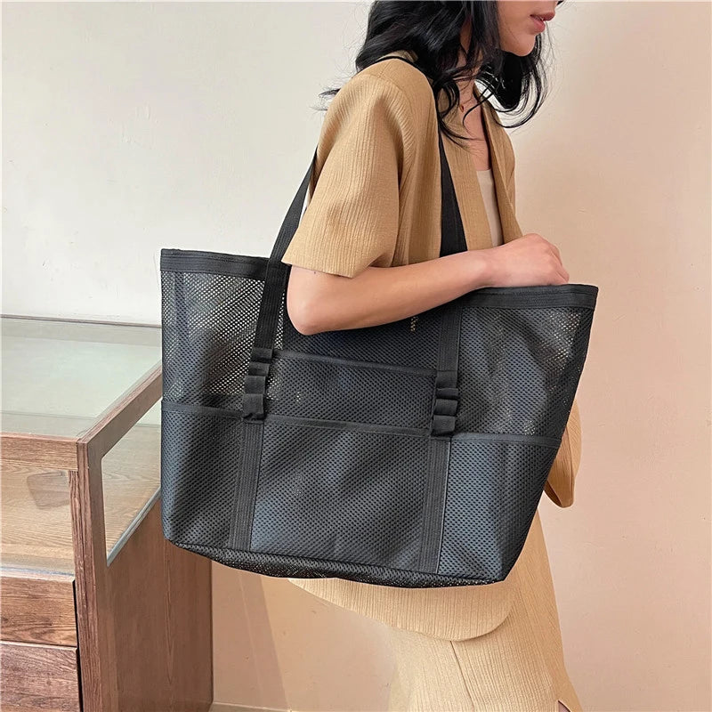 Portable Mesh Beach Shoulder Bag– Women's Summer Travel & Makeup Organizer Bag
