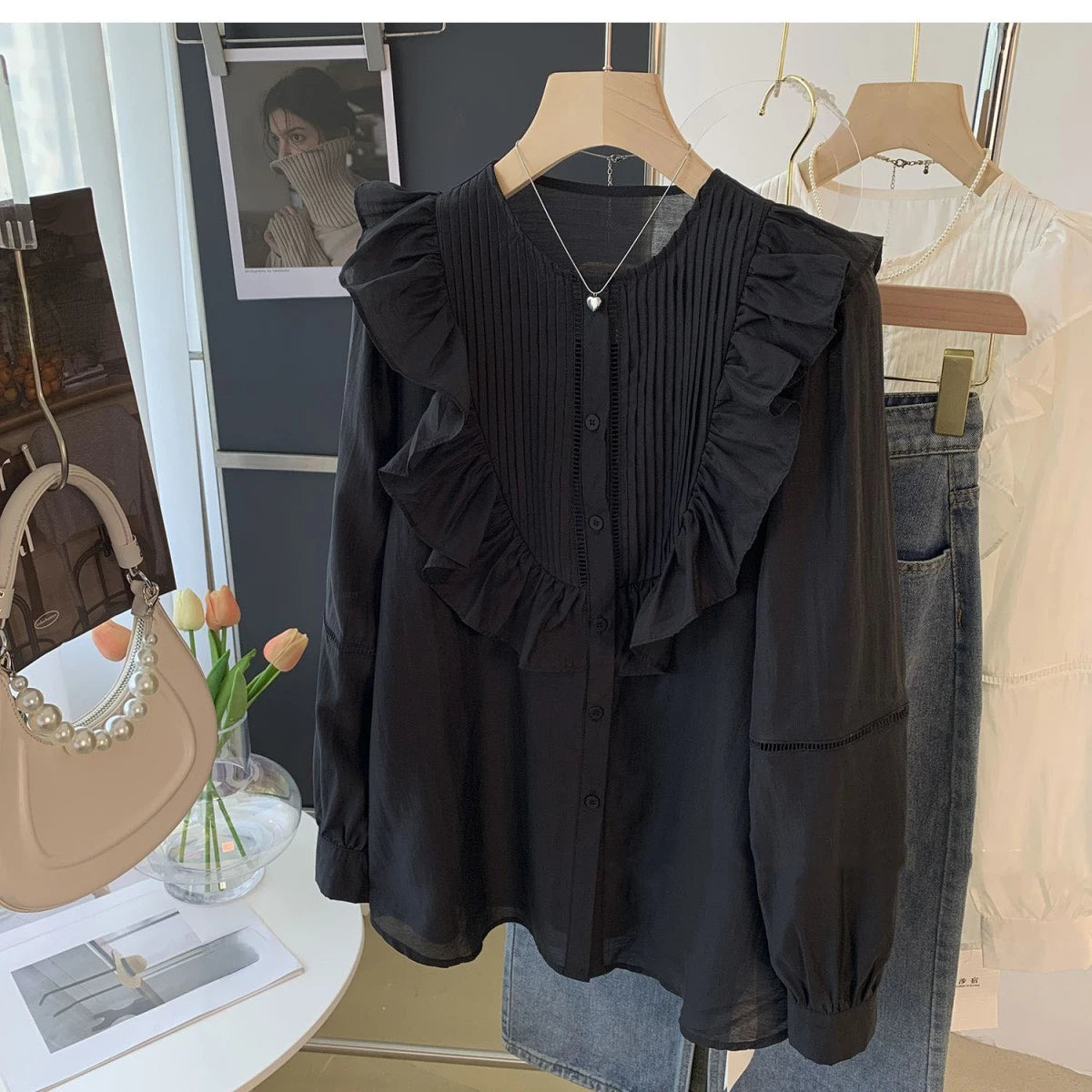 Blouse for Women Pleated Ruffled White Shirts 2025 Blusas Mujer De Moda O-neck Long Sleeve Sweet Tops Summer Thin Blouses