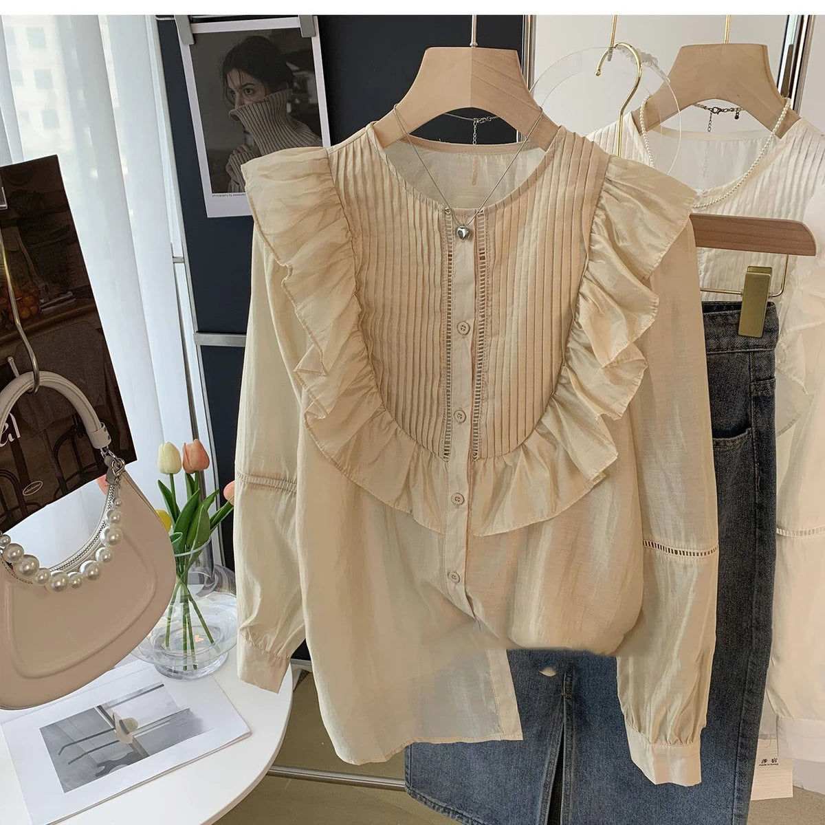 Blouse for Women Pleated Ruffled White Shirts 2025 Blusas Mujer De Moda O-neck Long Sleeve Sweet Tops Summer Thin Blouses