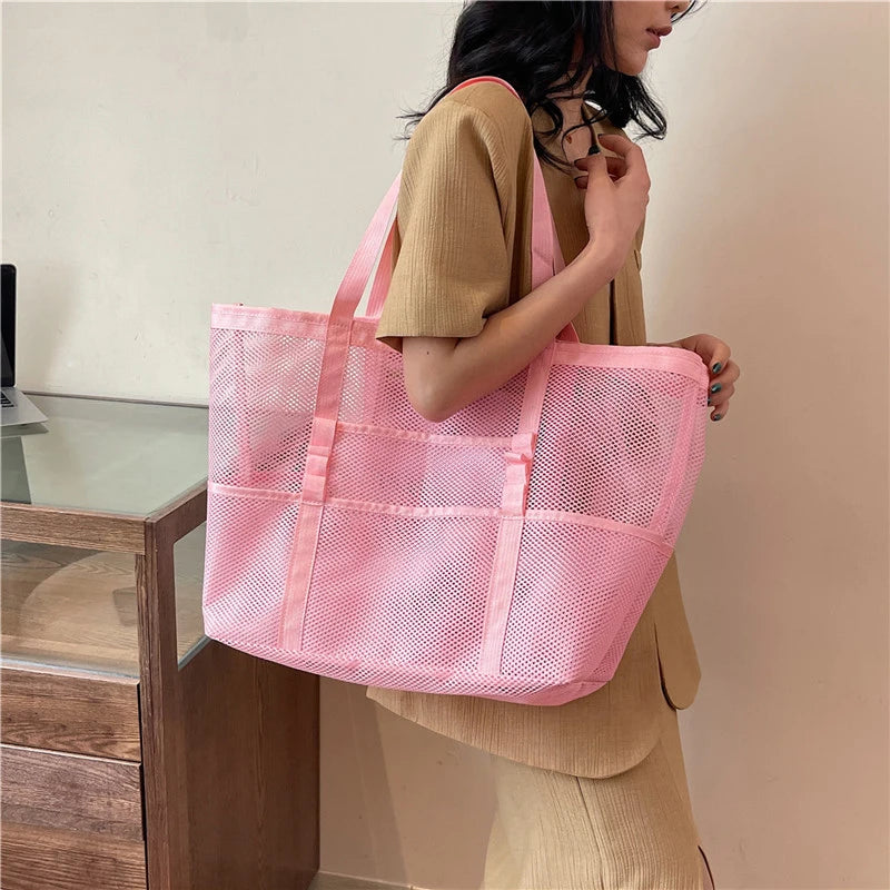 Portable Mesh Beach Shoulder Bag– Women's Summer Travel & Makeup Organizer Bag