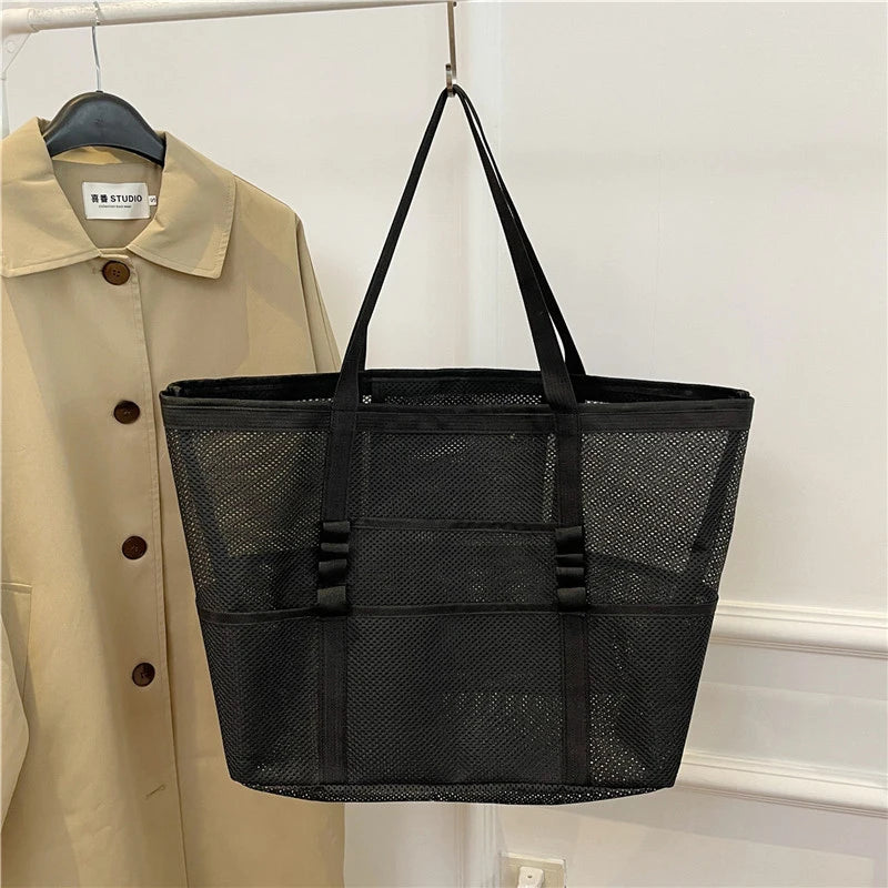 Portable Mesh Beach Shoulder Bag– Women's Summer Travel & Makeup Organizer Bag