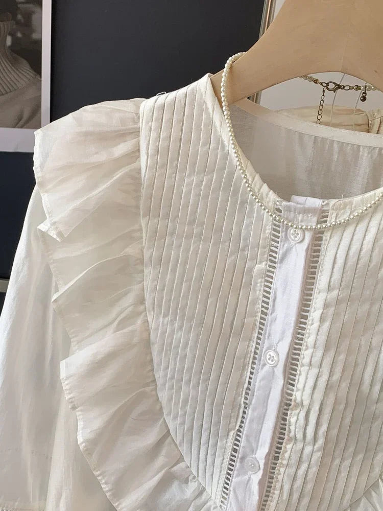 Blouse for Women Pleated Ruffled White Shirts 2025 Blusas Mujer De Moda O-neck Long Sleeve Sweet Tops Summer Thin Blouses