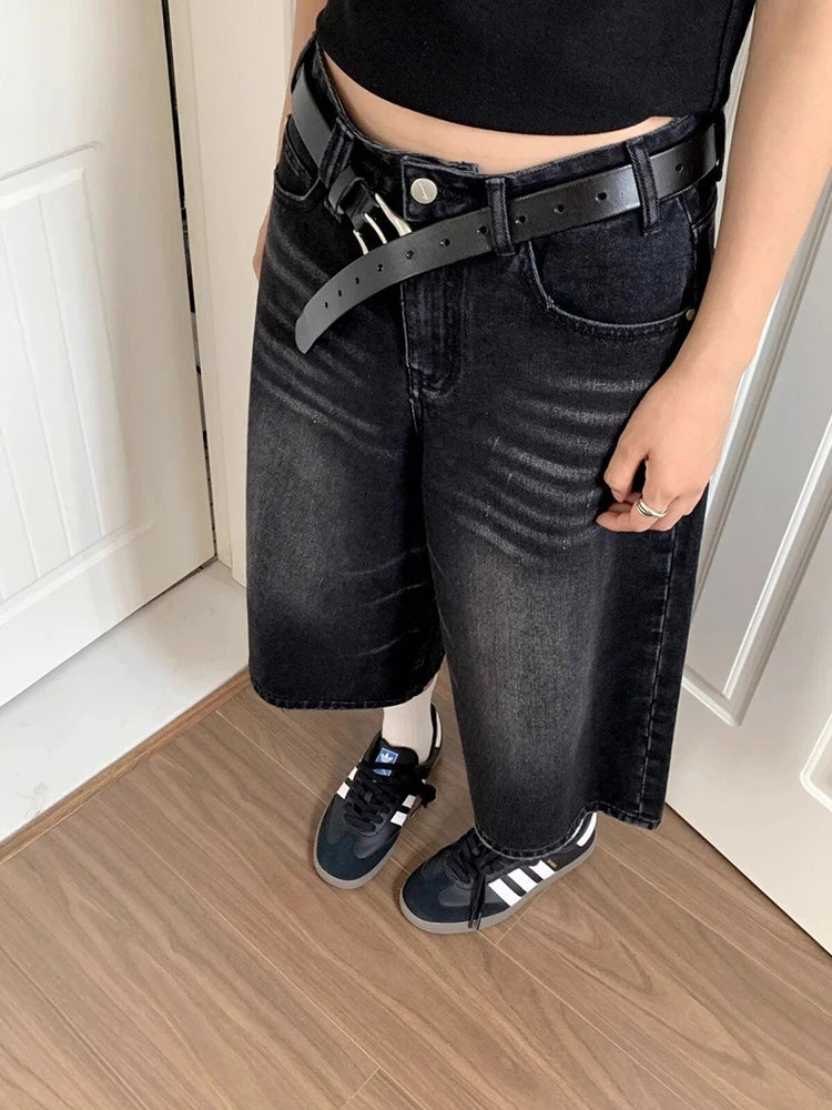 High Waist Black Retro Washed Denim Mid Long Wide Leg Pants