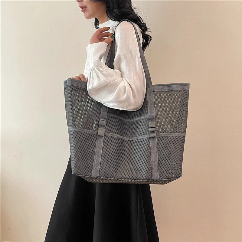 Portable Mesh Beach Shoulder Bag– Women's Summer Travel & Makeup Organizer Bag