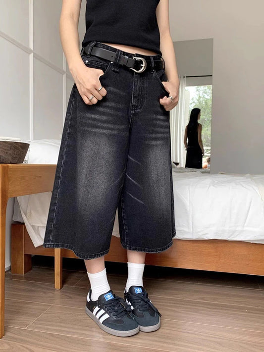 High Waist Black Retro Washed Denim Mid Long Wide Leg Pants