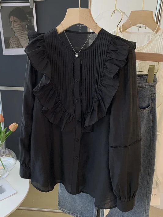 Blouse for Women Pleated Ruffled White Shirts 2025 Blusas Mujer De Moda O-neck Long Sleeve Sweet Tops  Summer Thin Blouses