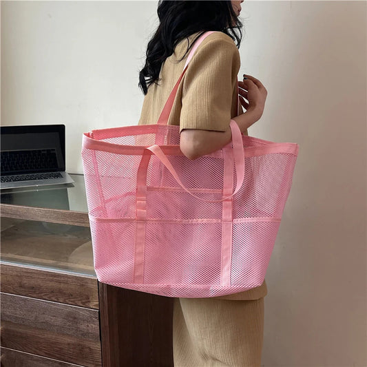 Portable Mesh Beach Shoulder Bag– Women's Summer Travel & Makeup Organizer Bag