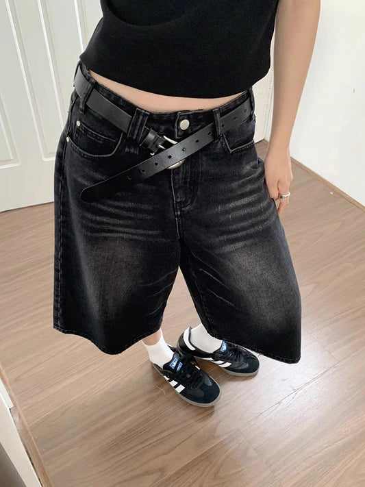High Waist Black Retro Washed Denim Mid Long Wide Leg Pants