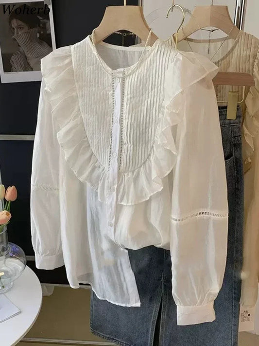 Blouse for Women Pleated Ruffled White Shirts 2025 Blusas Mujer De Moda O-neck Long Sleeve Sweet Tops  Summer Thin Blouses